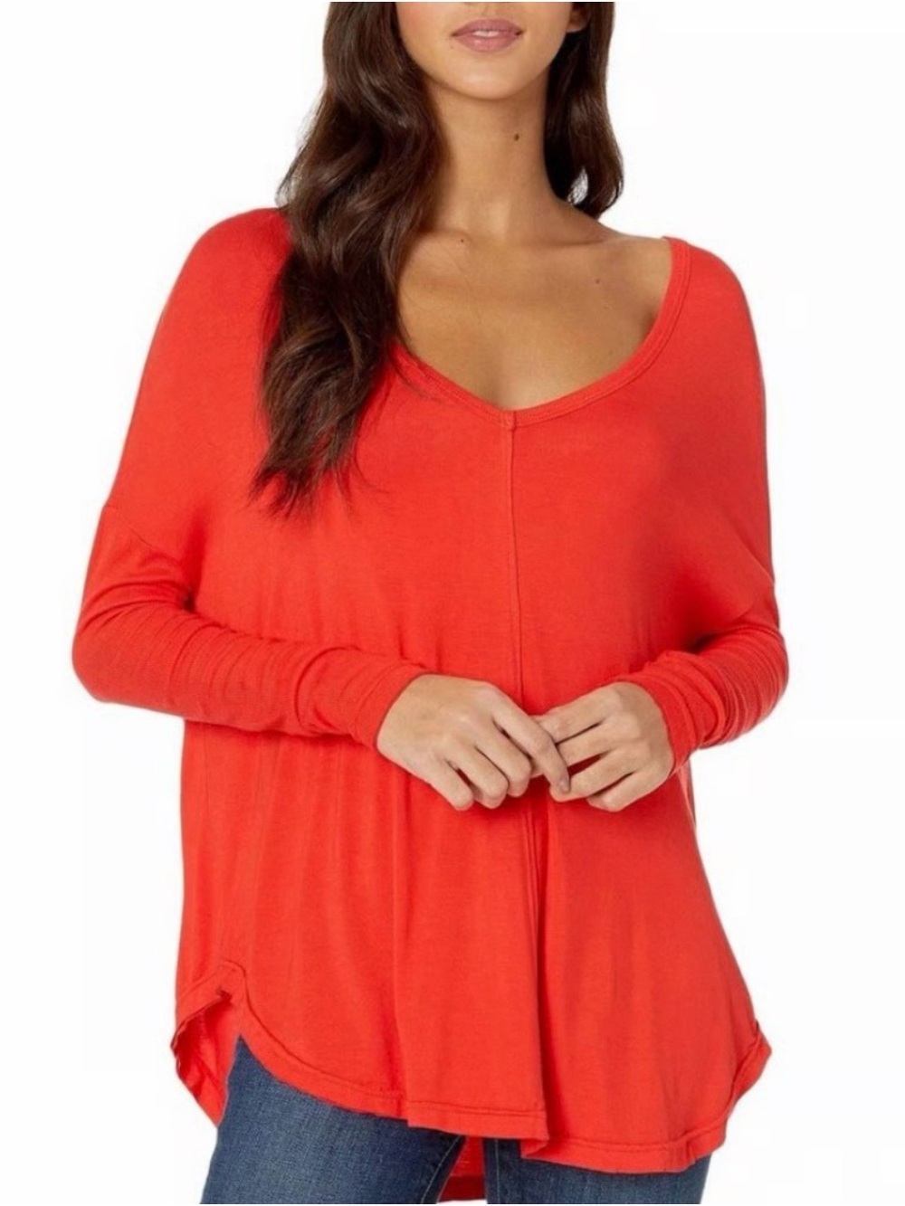 EUC Free People Moonshine Relaxed V-Neck Long Sleeve Top in Bright Red